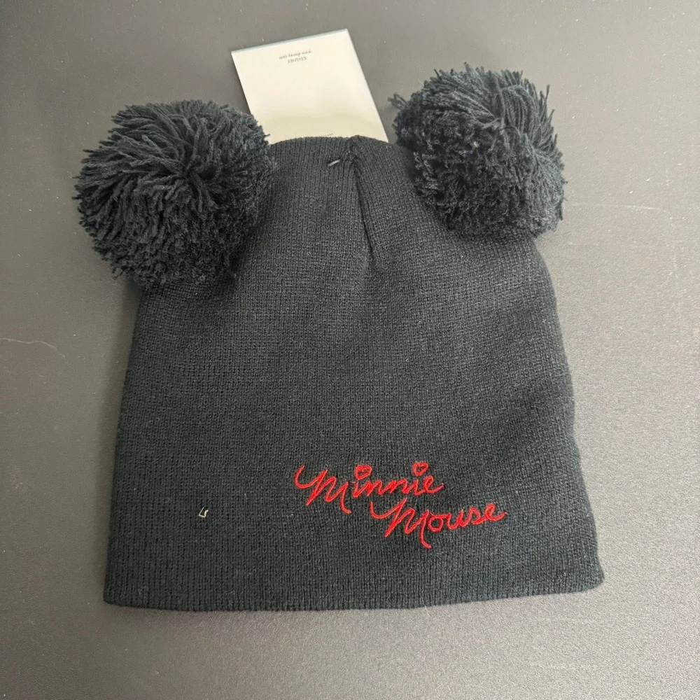 Disney Minnie Mouse Beanie Kids One Size Black Red Polka Dot Bow Pom Pom Ears